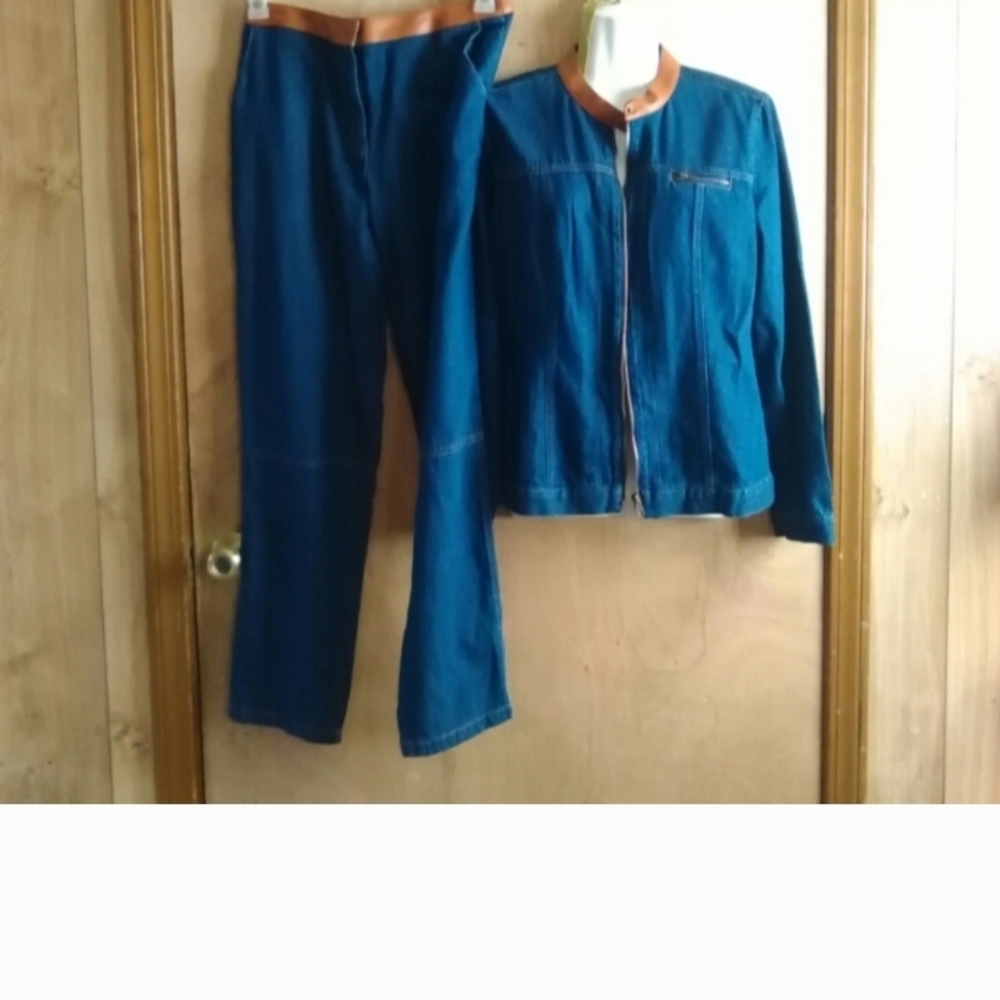 Forenza Blue Denim Pants and Jacket Set with Tan Accents